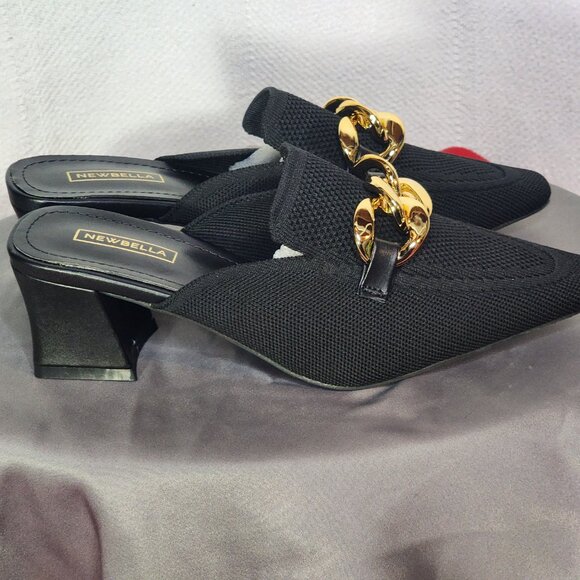 Newbella Black Mousse Fit Pointed Toe Square Heel Gold Tone Chain Dress Mule 7.5 - Picture 6 of 16